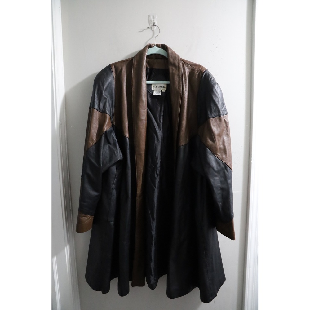 Tower Hill‎ Vintage Black Brown Two Tone Leather Duster Coat XL